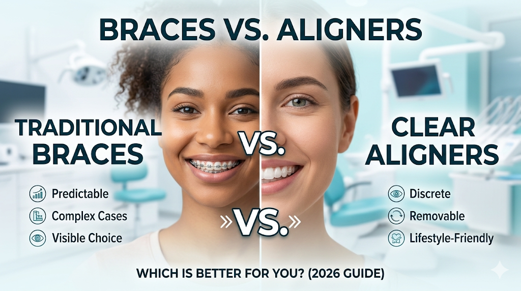 Side-by-side comparison of modern metal braces and clear aligner trays in a dental clinic setting